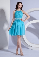 Ruch Beading Halter Prom Dress Aqua Blue Chiffon