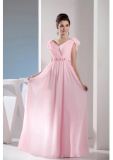 Beading V-neck Empire long Pink Prom Dress with Side Zipper