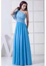 Lace One Shoulder Long Baby Blue Prom Dress