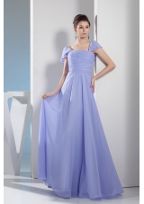 Ruching Empire Square long Prom Dress with Cap Sleeves