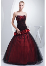 Wine Red Sweetheart Hand Made Flowers Beading Prom Dress