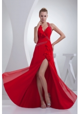 Beading and High Slit Red Halter Long Prom Dress