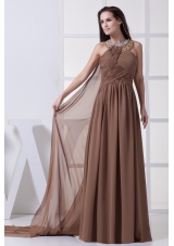 Beading and Ruching Brown Watteau Train Prom Dress