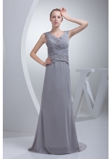 Beading Ruching V-neck Brush Train Column Prom Dress