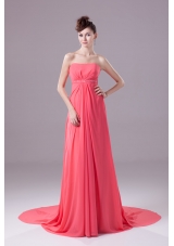 Beading Strapless Watteau Train Watermelon Prom Dress