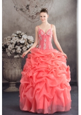 Watermelon Spaghetti Straps Appliques Pick-ups Long Quinceanera Dress