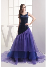 A-line Straps Purple Ruffled Layers Organza Prom Dress