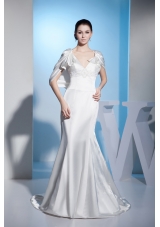 Beading Mermaid V-neck Brush Train Wedding Dress with Zipper up