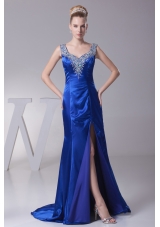 Beading V-neck High Slit Brush Train Prom Dress