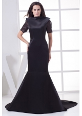 Black High-neck Short Sleeves Mermaid Chapel Train Mother of the Bride Dress