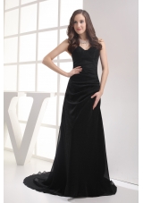 Black Sweetheart Brush Train Ruching A-line Prom Dress