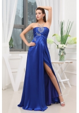 Blue High Slit Beading Elastic Woven Satin Prom Dress