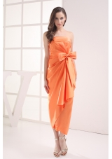 Column Orange Strapless Bow Satin Ruching Prom Dress