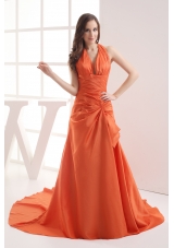 Halter Top Orange Court Train Ruching Prom Dress