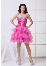 Hot Pink Beading Ruffled Layers Knee-length Prom Dress