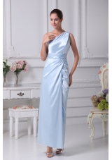 One Shoulder Light Blue Ruching Ankle-length Prom Dress