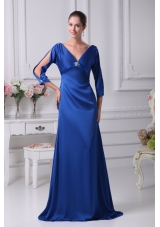 V-neck 3/4 Sleeves Blue Brush Train Mother Of The Bride Dress