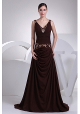 V-neck A-line Brown Beading Brush Train Prom Dress