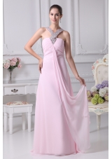 V-neck Baby Pink Empire Beading Long Prom Dress