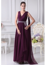 V-neck Watteau Train Dark Purple Empire Prom Dress