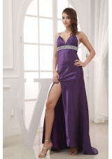 Beaded Decorate Shoulder Halter Top Prom Dress With Cross Criss Back