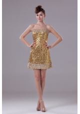 Column Gold Strapless Short Sequin Prom Dress