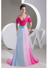 Multi-Colored V-neck Prom Gowns with Brush Train and Cutout Waist