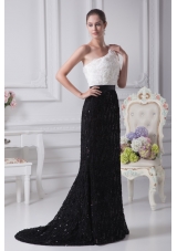 Floral Embellishment Sash One Shoulder Trumpet Prom Gowns