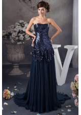 Sequins Decorate Bodice Court Train Prom Dresses in Navy Blue