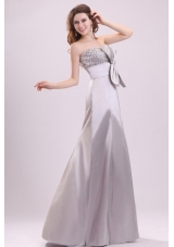 Column Strapless Beaded Grey Taffeta Prom Dresses with Bowknot