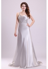 Sexy Column One Shoulder Brush Train Grey Beaded Prom Gown