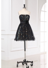 Wonderful Black Mini-length Short Prom Dress with Flowers Belt