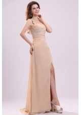 Popular High Slit One-shoulder Appliqued Champagne Long Prom Dress