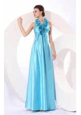 Popular Halter Baby Blue Taffeta Prom Dress with Hand Made Flowers