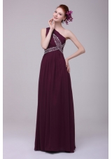 Affordable Chiffon Beaded One Shoulder Prom Dresses with Ruche