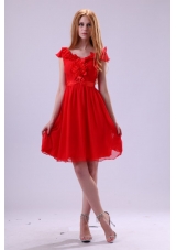 Short Sleeves V-neck A-line Mini-length Red Chiffon Prom Dress