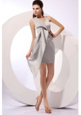 V-neck Black Belt Mini Length Satin Trendy Prom Dress in Grey