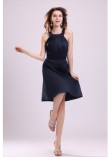 Simple Navy Blue Halter Knee-length Taffeta Prom Cocktail Dress