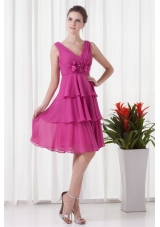 Layers V Neck Flowers Fuchsia Short Prom Nightclub Gowns