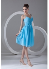 Chiffon Straps Ruched Beading Aqua Blue Prom Gown Dresses