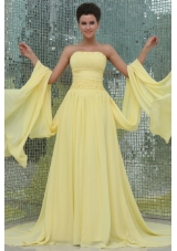 Yellow Strapless Beading Sweep Train Chiffon Prom Dresses