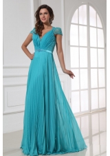 A-line Cap Sleeves Pleating Chiffon Dresses for Prom in Blue