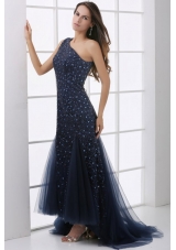 Long Back One Shoulder Rhinestone Tulle Prom Holiday Dress