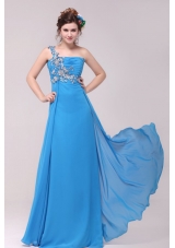 Blue One Shoulder Applique Ruched 2014 Prom Celebrity Dress