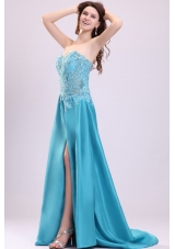 Embroidery Teal Taffeta Brush Train Prom Dress with High Slit