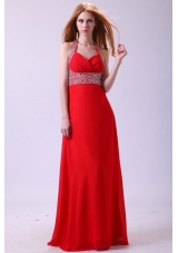 Paillettes Halter Top Column Red Chiffon Prom Graduation Dress