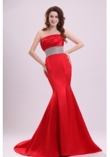 Mermaid Strapless Red Brust Train Prom Dress with Beaded Waist