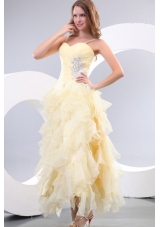 A-line Sweetheart Organza Yellow Prom Dress with Beading and Ruffles