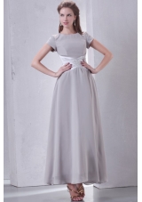 Short Sleeves Scoop Ankle-length Gray Chiffon Prom Gown Dress