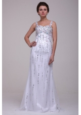 Sassy White Straps Column Prom Dresses Decorated with Beading